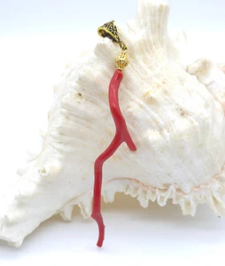 Natural Red Coral Branch Stick Pendant Polished Handmade-Crafted Jewelry - Picture 1 of 5