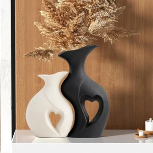 Schwarz-weiße Vase Herzform Keramikvase 2er Set, moderne Boho Hohlflo... - Bild 1 von 6