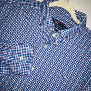 Vineyard Vines Whale Shirt Button Down Long Sleeve Blue Pink Green Plaid Men’s L - Picture 1 of 14