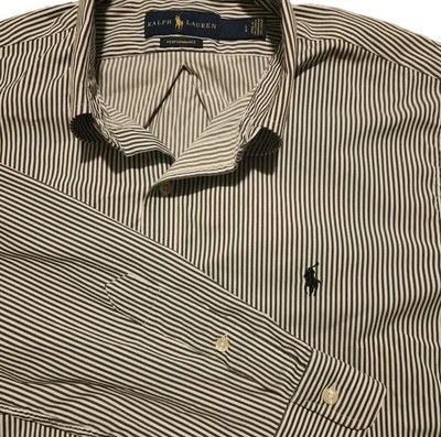 Camisa Ralph Lauren Performance Abotonada Blanca Gris Rayas Hombres L Poni Elástico Foto 1 de 4