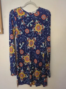 Nieves Lavi NY blau Boho Print Rundhalsausschnitt Langarm Jersey Seide Kleid-Größe 4 - Bild 1 von 9