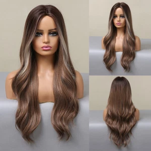 Long Wavy Synthetic Wigs for Women Ombre Brown Dark Root Mixed White Highlights - Picture 1 of 15