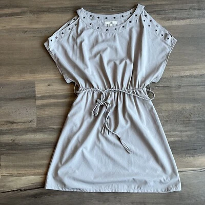 YA Los Angeles Mini Vestido Feminino Ombro Mistura de Algodão Cinto Cintura Taupe Pequeno - Imagem 1 de 4