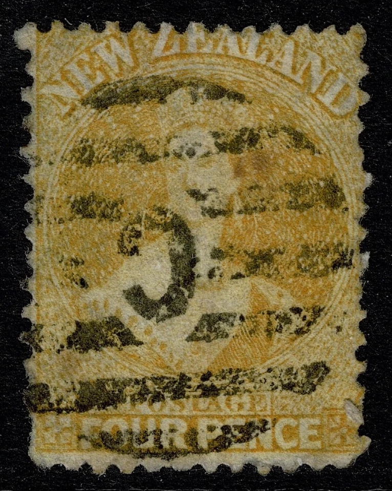 1864 New Zealand 4d Pale Yellow SG 120 var Chalon C Cancel FU Cat. £200.00 - image 1 of 1