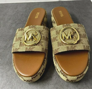 Michael Kors Sadler Logo Jacquard Wedge Sandal Brown& Gold Size 9 Women - Picture 1 of 3