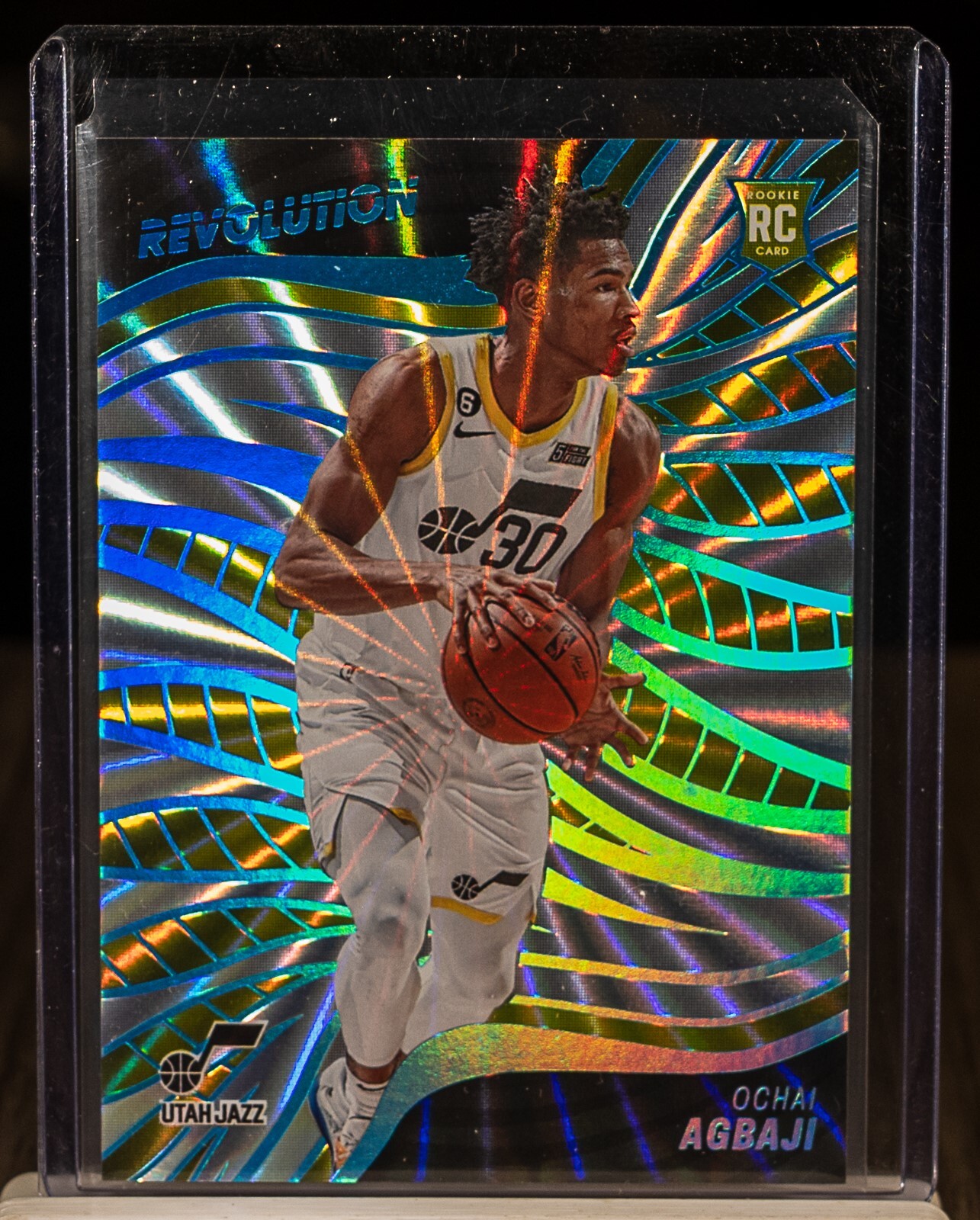 Ochai Agbaji 2022-23 Panini Revolution 121 Sunburst 19/75 RC Jazz WP1