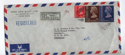 Hong Kong - 1974 Registered Air Mail Cover to Leichardt NSW, 3 QEII v. (039S-25) Cover