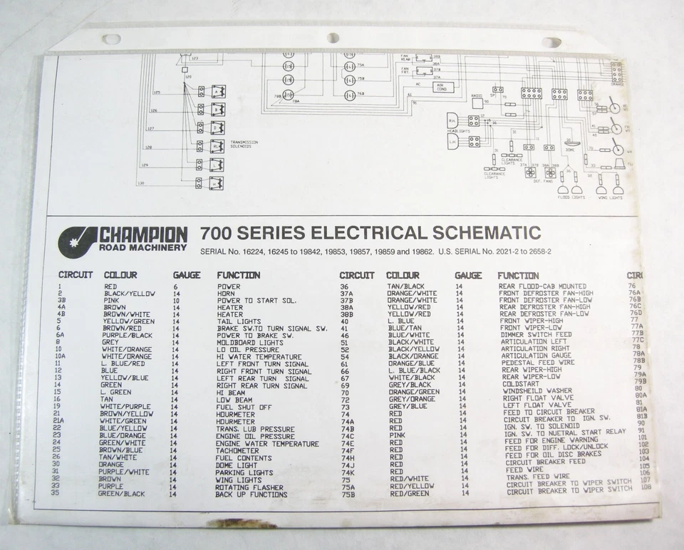 CHAMPION Motor Grader 700 Series Electrical Schematic Diagram S/N 16224-19862 - Image 1 of 1