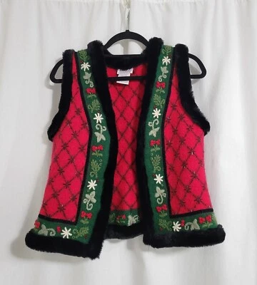 Wool Vest Medium Winter Embroidered Christmas Holiday Holly Faux Fur Trim Mature - Image 1 of 4