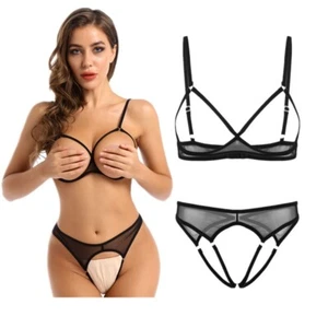 Conjunto de micro bikini transparente para mujer Sujetador de copa abierta Top Tanga sin entrepierna Traje de baño - Imagen 1 de 23