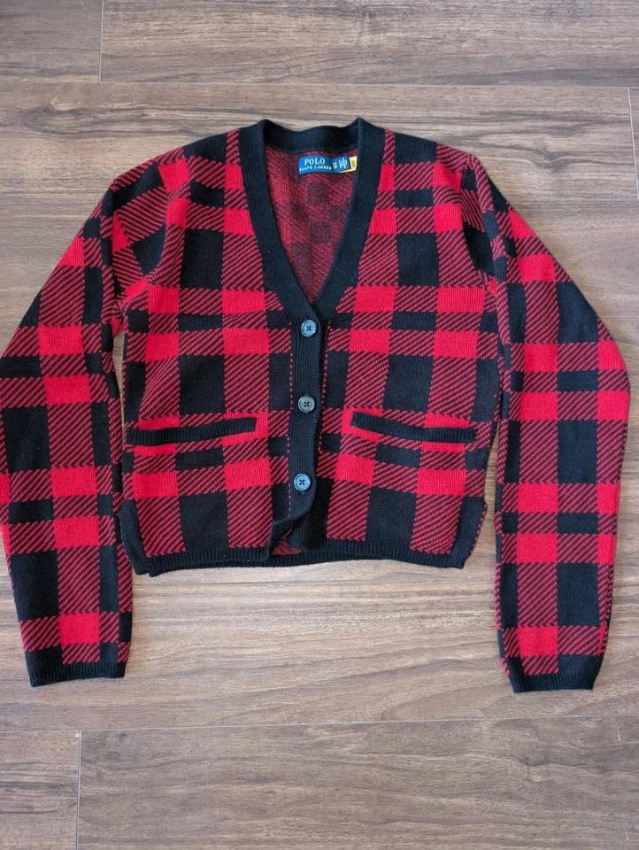Cárdigan corto de lana a cuadros Polo Ralph Lauren para mujer rojo negro talla XS  Foto 1 de 4