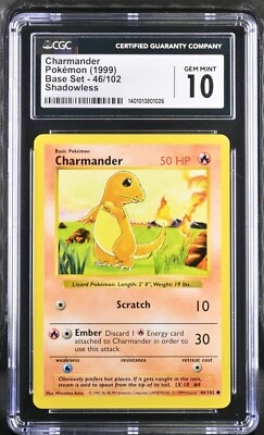 Pokemon 1999 Base Set Shadowless Charmander 46/102 CGC 10 GEM MINT PSA BGS - Image 1 of 2