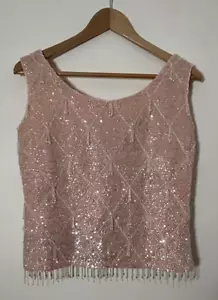 Vintage Pink Sequin Beaded Tank Shell Top 100% Wool Knit Fringe - Picture 1 of 3