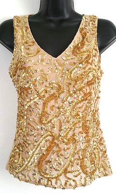 Camiseta sin mangas Lapislázuli para mujer talla pequeña beige dorado ajustada lentejuelas cuello en V fiesta NUEVA Foto 1 de 4