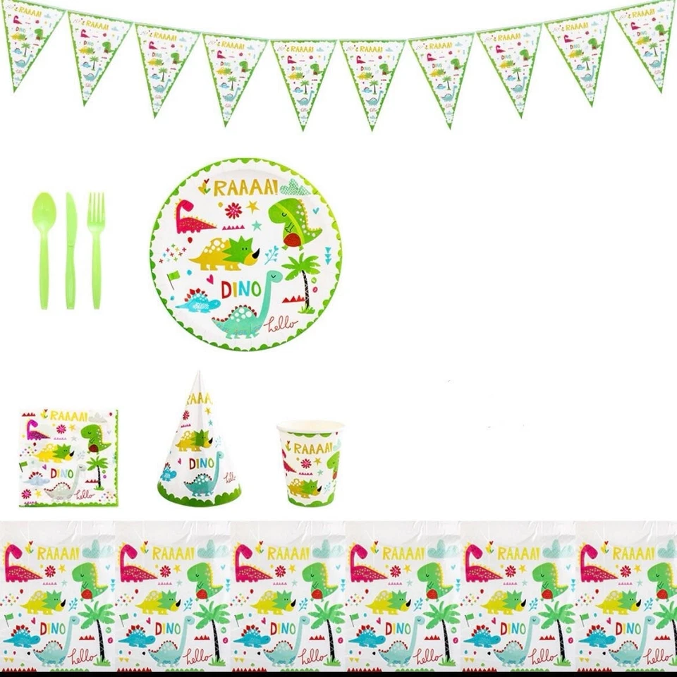 Suministros temáticos de dinosaurios de fiesta para 10 niños vajilla niño tela conjunto de pancartas Foto 1 de 4
