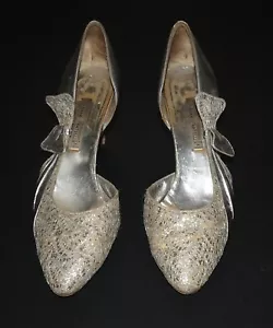 D'anna Fratelli Vintage 1950s Silver Metallic Leather Bow slingback heels sz 38 - Picture 1 of 22