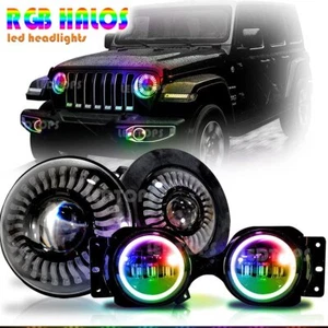 3D 7'' RGB Halo LED Headlights + 4'' Fog Lights Combo Kit For Jeep Wrangler JK - Picture 1 of 11