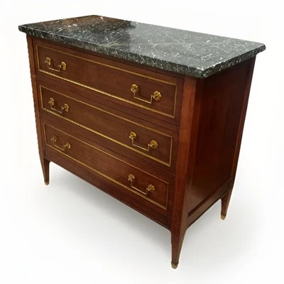 FRENCH LOUIS XVI STYLE MARBLE-TOP MAHOGANY COMMODE CHEST OF DRAWERS 36"Hx 39"W - Image 1 of 4