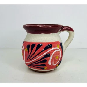 Mexikanische Kunst Ton handgefertigt bemalt weinrot rosa blau "Jarrito" Kaffeetasse/Becher - Bild 1 von 9