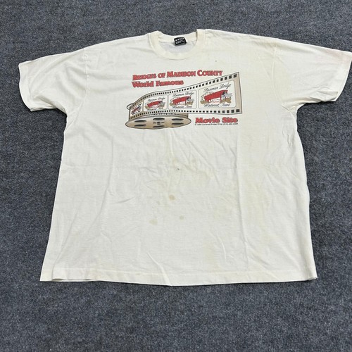 Cream Fruit of the Loom men’s XXL T-shirt with “Bridges of Madison County USA” text and red filmstrip graphic on front.