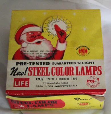 VINTAGE C9¼ Christmas Color Lamps Lights Bulbs Original Display Box Santa Claus - Image 1 of 4