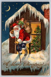 Santa Claus in Red Coat & Blue Pants Exits Dormer Window, Christmas Postcard - Picture 1 of 2