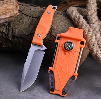 Cuchillo de caza táctico de hoja fija pequeño con funda, arrancador de fuego, brújula, espejo Foto 1 de 4