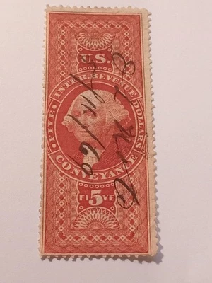 1862 US Internal Revenue Tax Stamp, Conveyance $5 Scott #R89c - Image 1 of 2