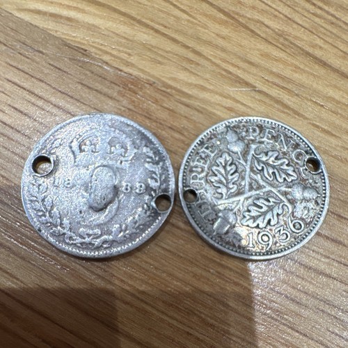 1889 Queen Victoria & 1936 George V Silver Threepence Coins Holed ...