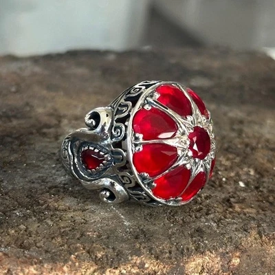 Men Handmade Ruby Stone Ring Drop Engraved Unique Men Red Gemstone Ring - Image 1 of 4