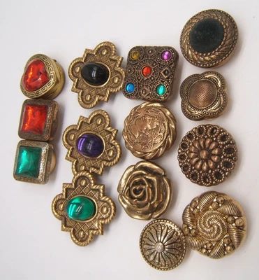 14 VTG BUTTON COVERS GOLD TONE DESIGN WORK & JEWELS - Image 1 of 4