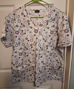 Absolute 2 Taschen weißes Scrub Top mit rosa/lila geometrischen Formen Größe L - Bild 1 von 1