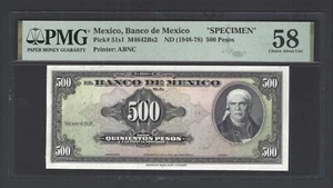 Mexico 500 Pesos ND(1948-78) P51s1 Specimen  About Uncirculated Grade 58 - Picture 1 of 2