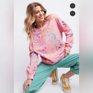 EASEL SMILEY HAPPY FACE DONNA L TOP in spugna lavata minerale - Foto 1 di 11