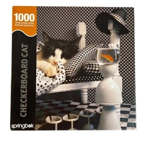 Springbok 1000 Piece Jigsaw Puzzle Checkerboard Cat 2006 Black White Kitty Fish - Picture 1 of 9