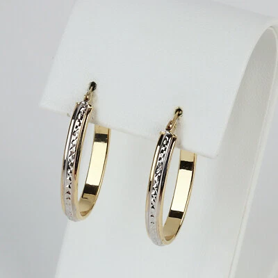 Pretty 14k Yellow & White Gold Diamond-Cut Women's Oval Hoop Earrings - Image 1 of 2