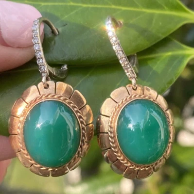 Vintage Diamond Chrysoprase Earrings Estate Fine Jewelry Pre-Owned - Image 1 of 4