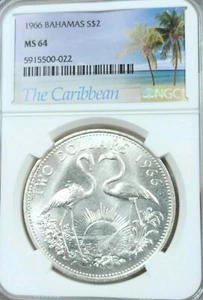 1966 BAHAMAS SILVER 2 DOLLARS FLAMINGOS NGC MS 64 SCARCE FIRST YEAR BU BEAUTY - Picture 1 of 4