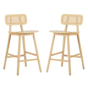 Set of 2 Bar Stools 26.25"Counter Height Wood Pub Chairs W/ Rattan Back Natural - Picture 1 of 13