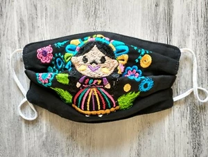 Máscara facial negra otomí hecha a mano para muñeca María Lele bordada mexicana - Imagen 1 de 6