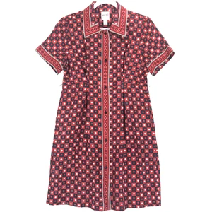 Kate Hill Petite Button Up Silk Dress Women's 8P Red Blue Short Sleeve NWOT - Picture 1 of 5