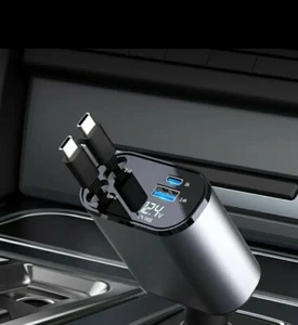 Caricabatteria Per auto Con doppio cavo Retrattile E Porta Usb E Dispay Tensione - Zdjęcie 1 z 6