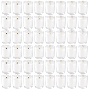 48 Pack White Unscented Clear Glass Filled Votive Candles. Hand Poured Wax Ca... - Bild 1 von 9