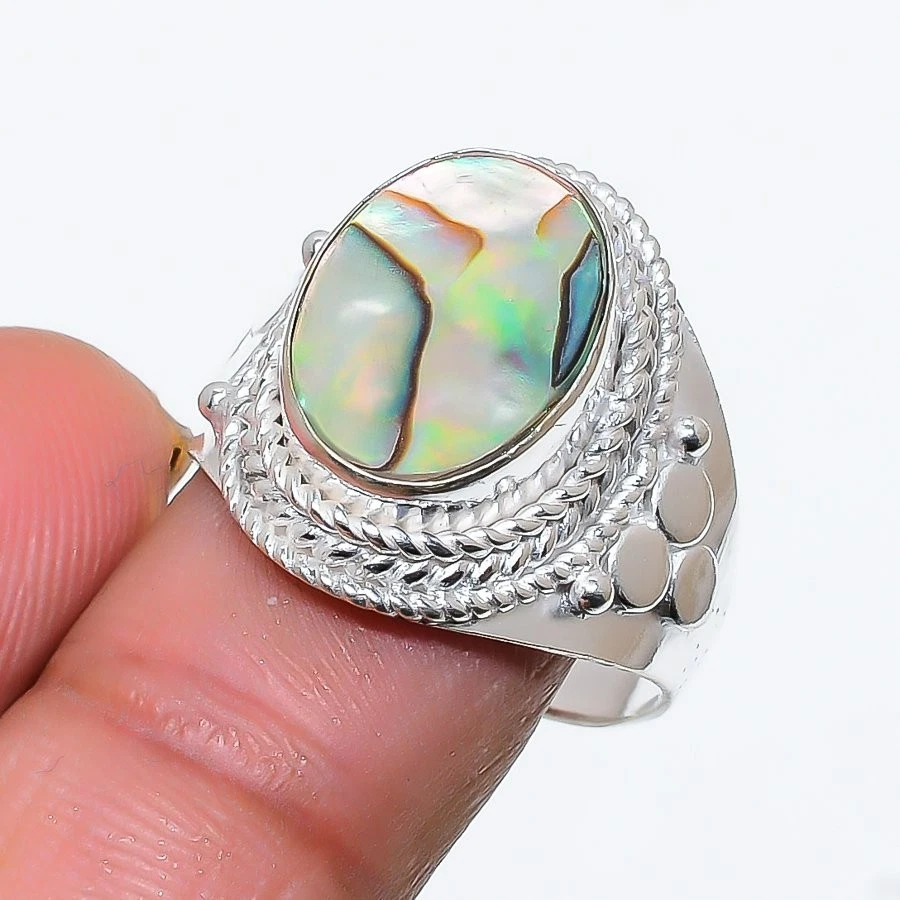 Natural Abalone Shell Gemstone 925 Sterling Silver All Size Ring For Gift - Image 1 of 1