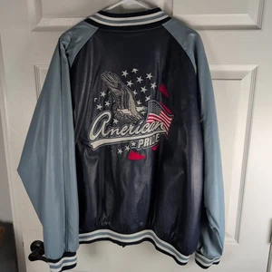 Y2K Steve & Barry's American Pride Leather Bomber Jacket Men's XL Blue VTG NWT - Picture 1 of 12