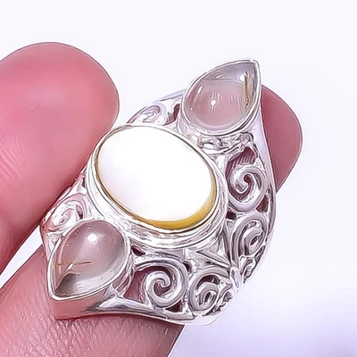 Mother Of Pearl & Golden Rutilated Quartz 925 Silver Ring s.7.5 R7465-5 - Image 1 of 4