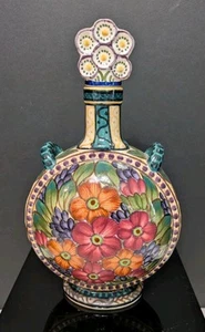 Rare Aluminia Floral Faience Pottery Canteen Bottle w/ Flower Stopper - Picture 1 of 6