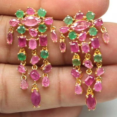 Schwarz Freitag 925 Sterling Silber Rosa Rubin & Grün Smaragd Ohrringe - Bild 1 von 4