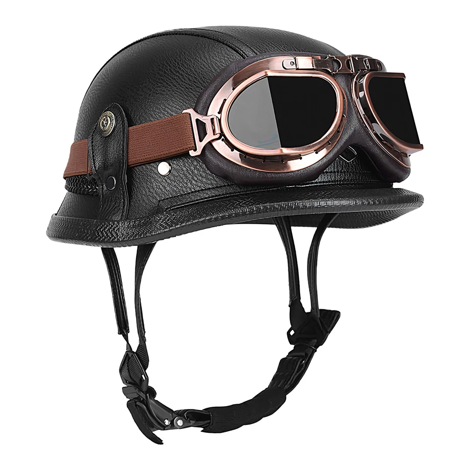 Medio casco de motocicleta de cuero estilo vintage alemán para adultos con gafas Foto 1 de 4