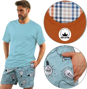 Herren Schlafanzug T-Shirt Pyjamahose 100% Baumwolle Nachtwäsche Kurzarm Sesto - Bild 1 von 19